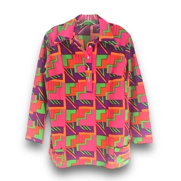Vintage 70s Disco Shirt in a Bold Print of Pink Purple & Green SZ MED - Picture 6 of 8